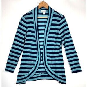 Coldwater Creek Cardigan Womens Large Blue Teal Stripe Open Front Knit USA Made
